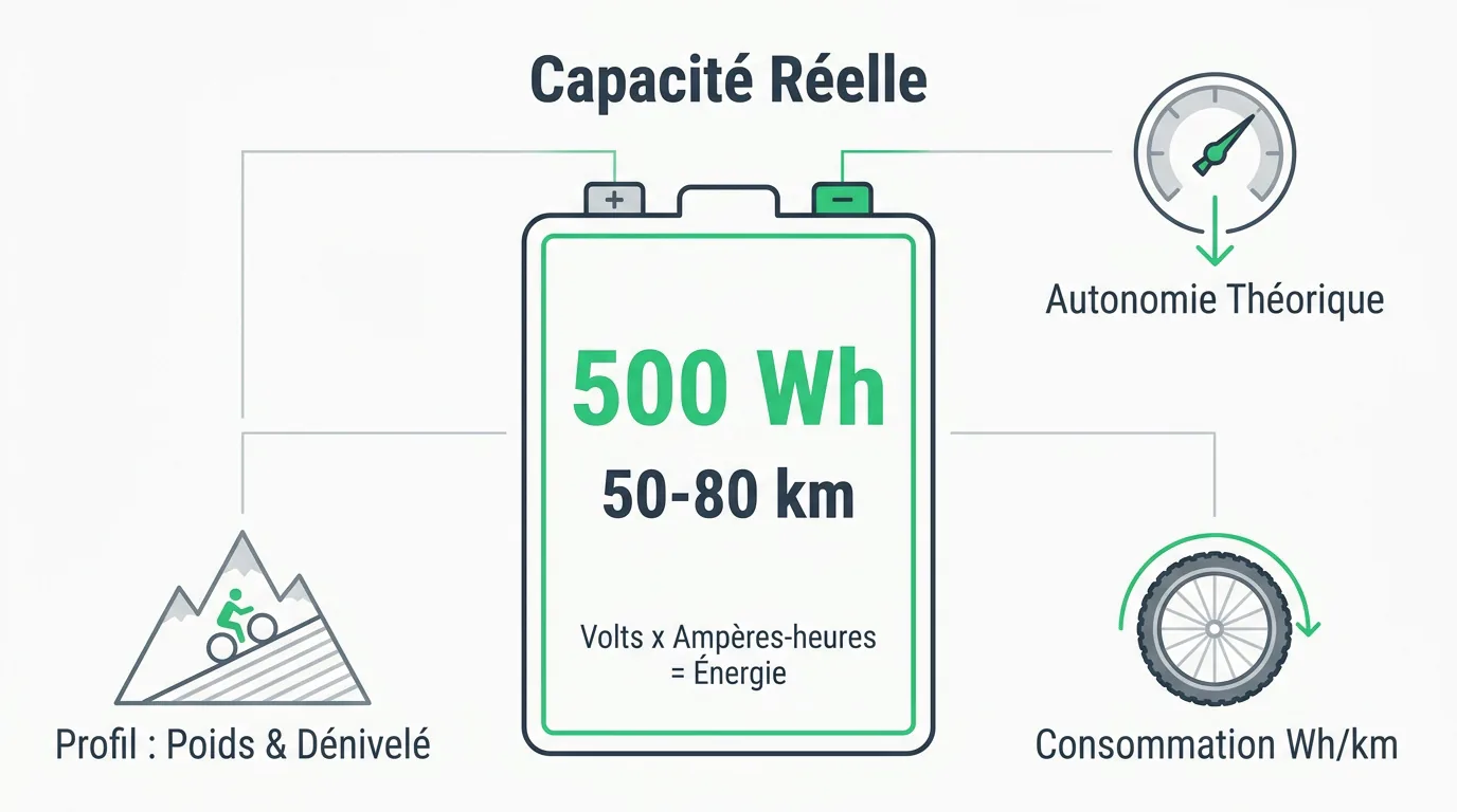 Infographie des facteurs influençant l'autonomie d'une batterie de vélo électrique