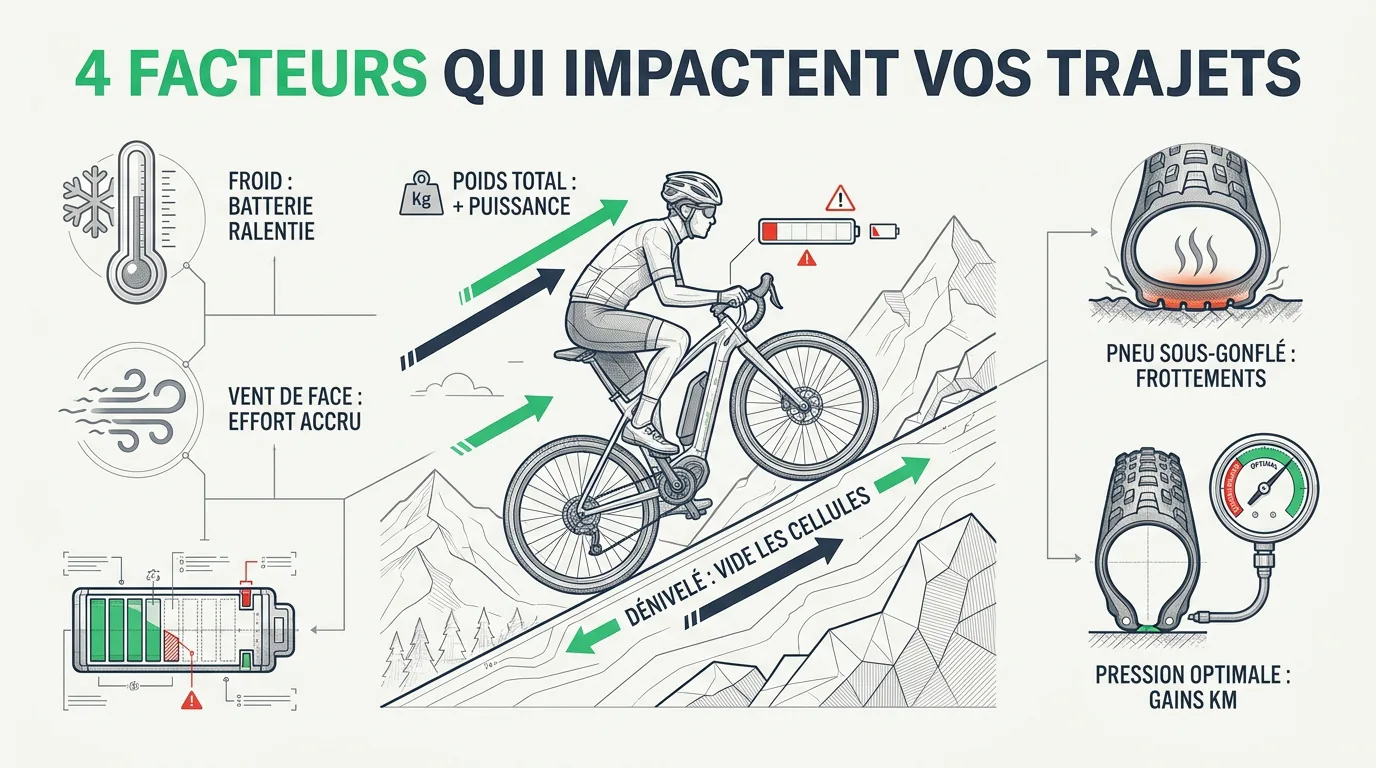Infographie des facteurs influençant l'autonomie d'un vélo électrique