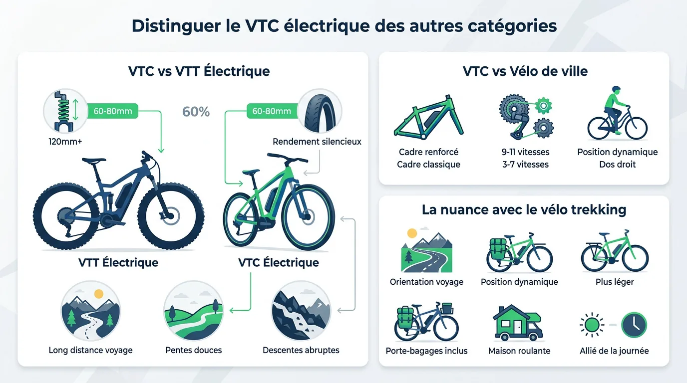 Comparaison visuelle entre un vélo tout chemin électrique et les modèles urbains ou VTT