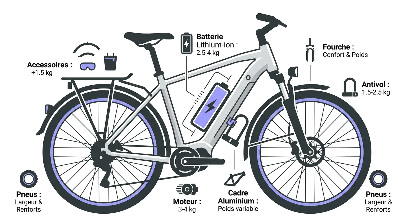 Vue détaillée des composants lourds d'un vélo tout chemin électrique comme la batterie et le moteur