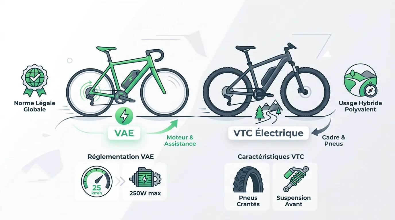 Comparaison visuelle entre un vélo à assistance électrique urbain et un VTC électrique polyvalent