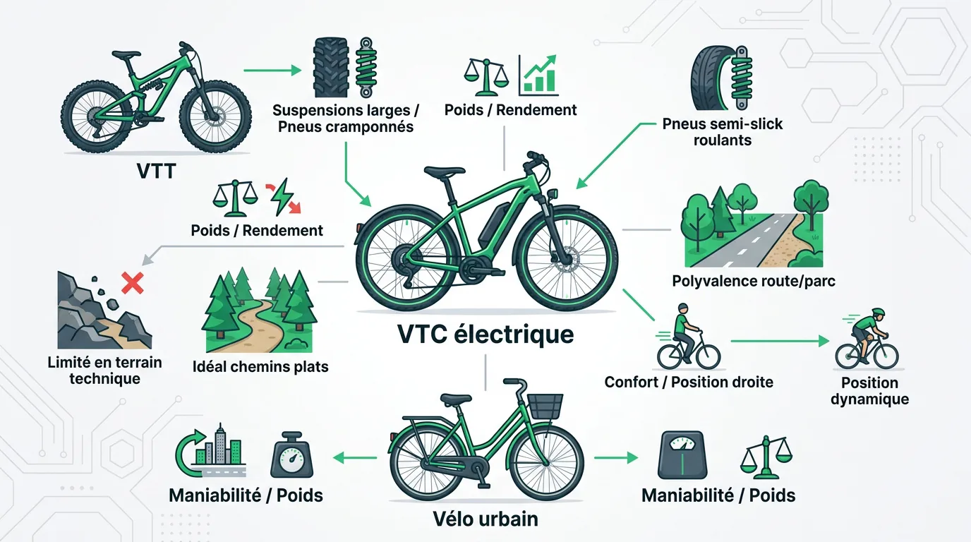 Comparaison entre un VTC électrique polyvalent, un VTT robuste et un vélo urbain confortable