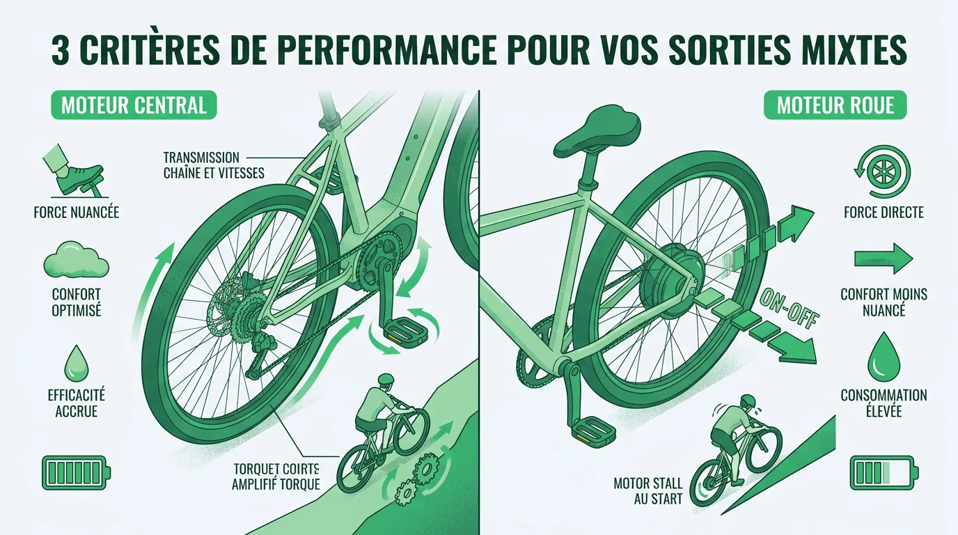 Comparaison entre un moteur pédalier et un moteur roue sur un VTC électrique en forêt