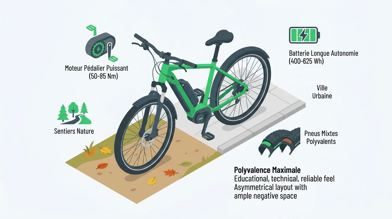 VTC électrique polyvalent utilisé sur route asphaltée et chemin de terre en nature