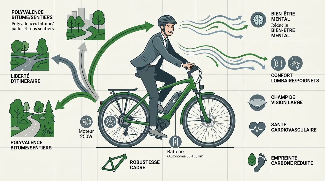cycliste en vtc électrique sur une piste cyclable urbaine