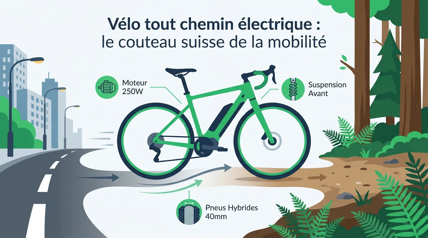 Vélo tout chemin électrique polyvalent sur un sentier ensoleillé
