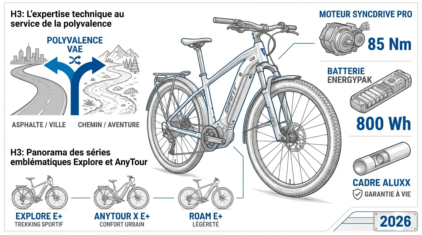 VTC électrique Giant Explore E+ en pleine randonnée sur chemin forestier