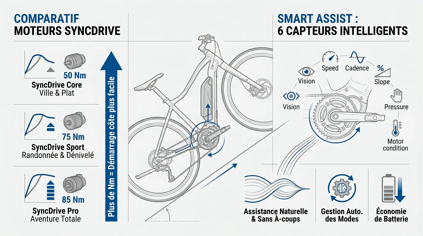 Comparatif des motorisations Giant SyncDrive et technologie Smart Assist pour VTC électrique