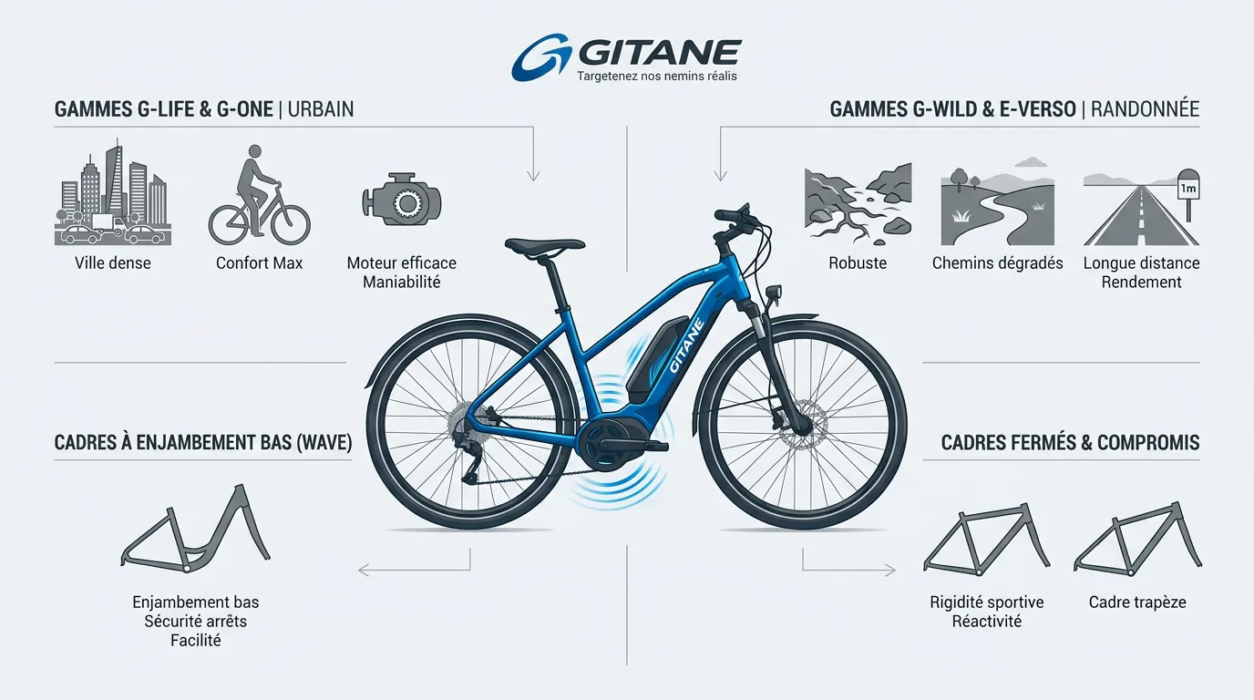 Infographie présentant les quatre gammes principales de VTC électriques Gitane selon l'usage