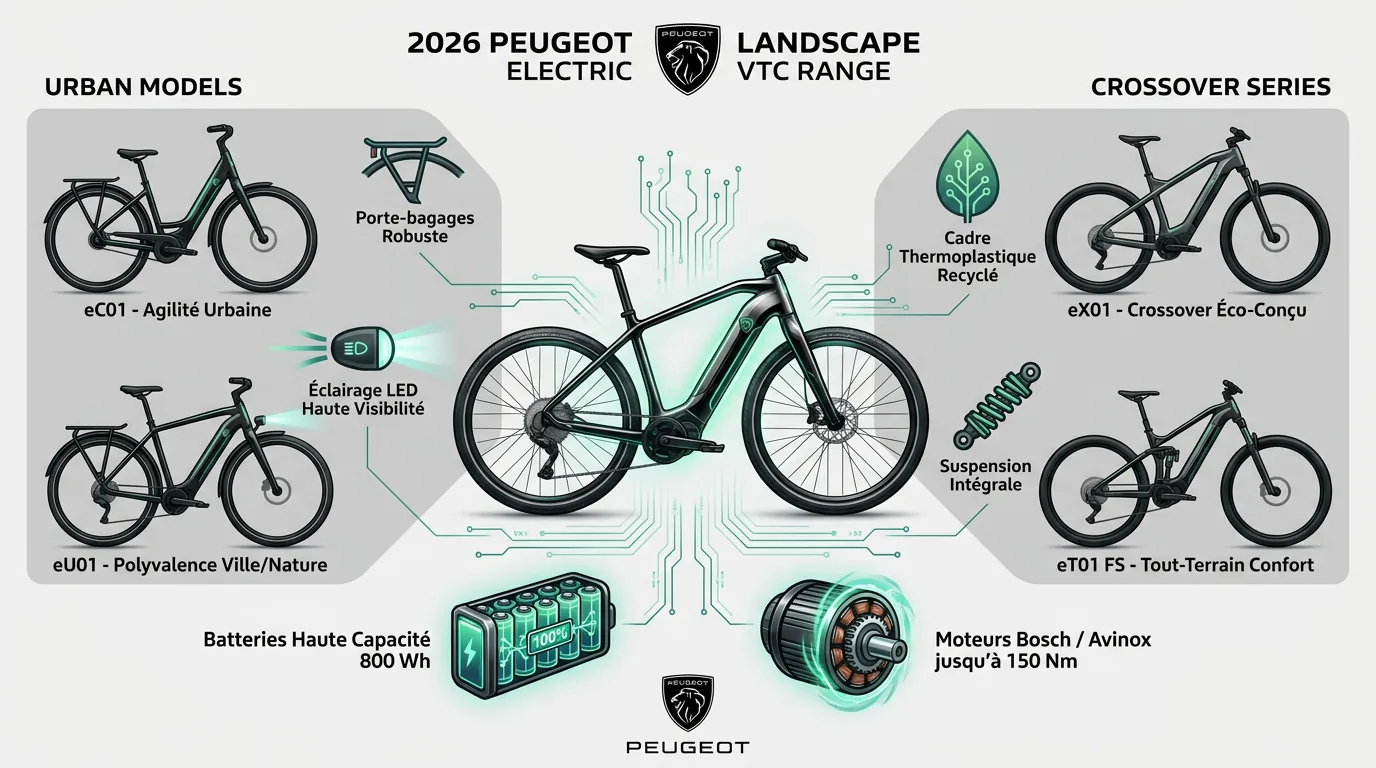 Présentation de la nouvelle gamme de vélos électriques Peugeot 2026 incluant les modèles urbains et crossover